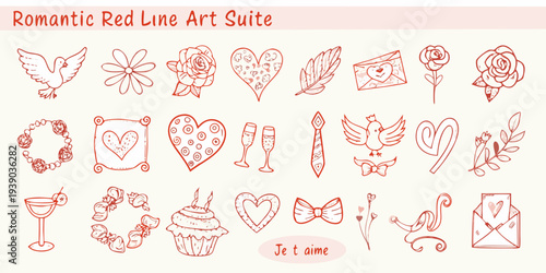 Collection of hand drawn romantic red line art elements and symbols