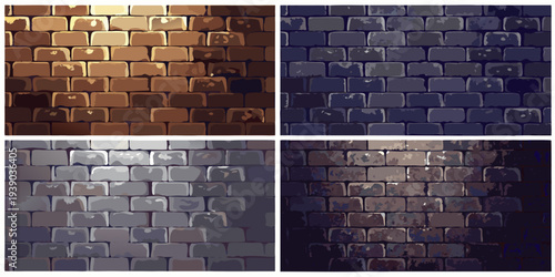 Four brick wall textures showcasing varying shades and lighting effects