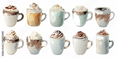 A collection of illustrated hot beverages in various mugs