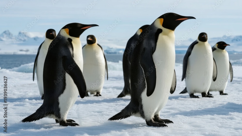 Obraz premium Group of emperor penguins standing on snowy ice in a polar environment