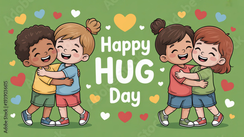 Diverse children hugging happy hug day colorful hearts on green background friendship and love concept