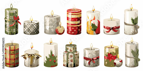 A collection of painted christmas candles with various decorative patterns