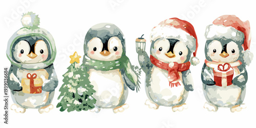 Watercolor penguins celebrating the winter holidays with gifts and cheer