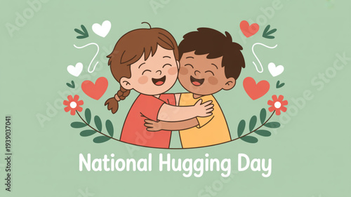 Diverse children hugging national hugging day affectionate kids heartwarming moment love friendship green background