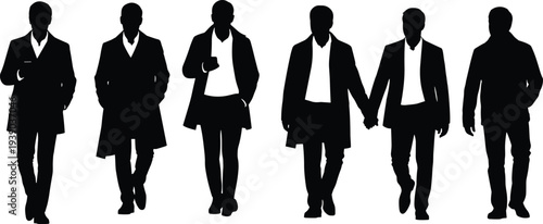 Group of stylish businessmen in long coats suits, walking together holding hands phones, black silhouette figures, professional team vector illustration, blank faces