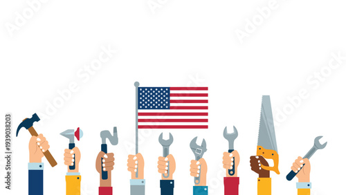 Diverse hands holding various industrial tools and American flag celebrating Labor Day, national workforce, and manufacturing industry in the USA.