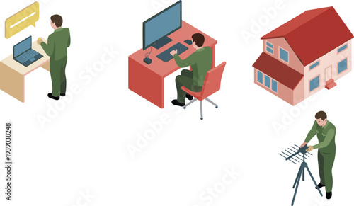 Isometric communication and surveillance concept with operator using computer laptop house monitoring and antenna technician illustration set