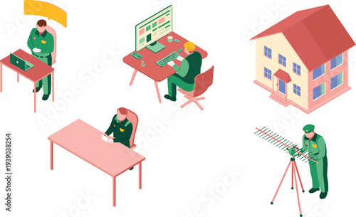 Isometric communication monitoring and signal technician concept with operators at computers house connection and antenna installation illustration set