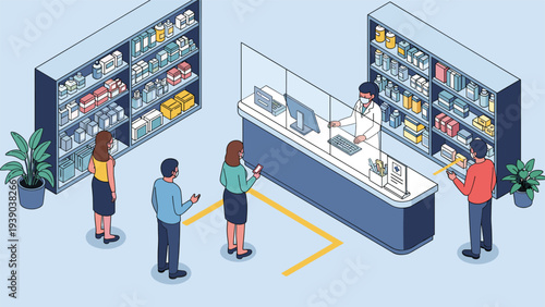 Isometric pharmacy interior with pharmacist behind protective glass and customers standing on floor markers for safe social distancing measures.