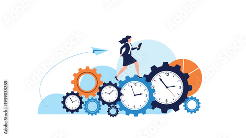 Businesswoman running on giant rotating gears and clocks representing time management, productivity, efficiency, and busy professional schedule.