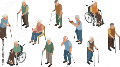 Isometric elderly people characters with walking cane walker wheelchair reading and standing senior citizens lifestyle illustration set