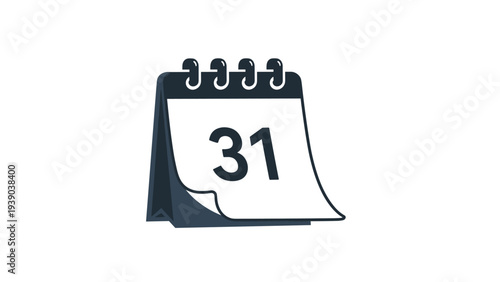 Minimalist desk calendar icon showing the number thirty-one on a white page with a dark stand and wire binding on top.