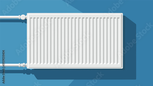 Modern white wall-mounted panel radiator for home heating systems shown against a dark blue background with clean lines.