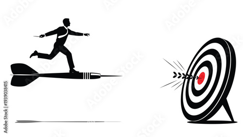 Silhouette of a businessman standing on a flying dart aiming directly towards a red and white bullseye target for success.