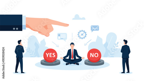 Giant hand pointing at a businessman meditating while deciding between red yes and no buttons in a conceptual illustration.