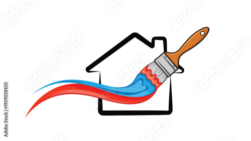 Graphic design showing a house outline with a large paintbrush leaving a red and blue paint stroke across the middle area.
