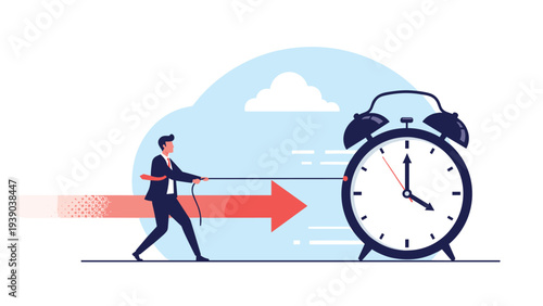 Determined businessman in a suit using a rope to pull a giant alarm clock to represent working against time and deadlines.