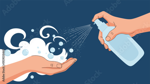 Hand applying disinfectant spray to soapy hands to illustrate proper hygiene and hand washing techniques for virus protection.