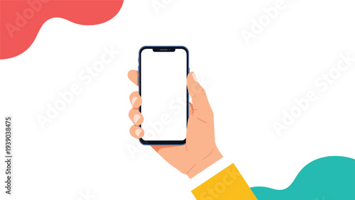 Human hand holding a modern smartphone with a blank white screen ready for a custom message or application design placement.
