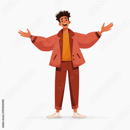 cheerful sanguine man laughing with open arms gesture in flat vector style