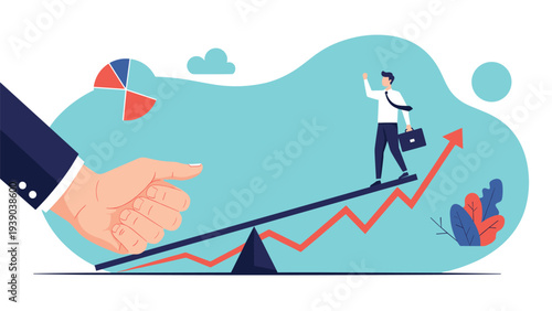 Businessman walking up a seesaw toward a rising red arrow while a giant hand tries to push down the other side.
