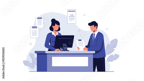 Female receptionist assisting a male client at a modern office desk with various business documents floating behind.