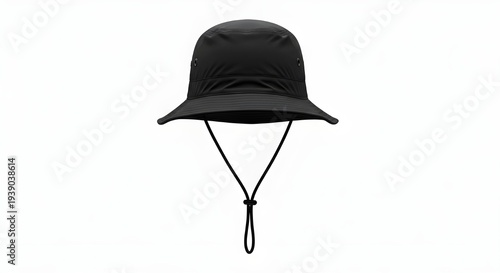 Black waterproof bucket hat with drawstring chin strap and adjustable cord