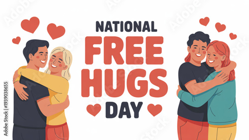 National free hugs day illustration with happy couples hugging and hearts