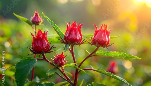 Vibrant crimson roselle flowers glow in warm sunlight against blurred green foliage