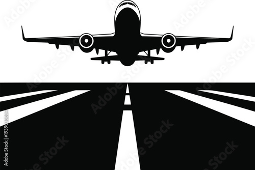 Airplane landing silhouette vector illustration.