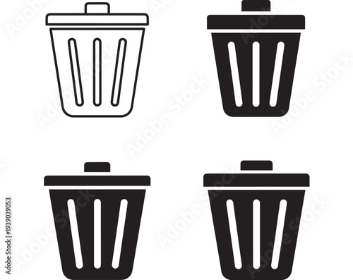 Trash can icon set with outline and filled black variations for digital design and web interfaces featuring garbage bin, waste basket, bin with