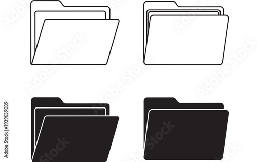 Photography Folders open and closed with simple line art and solid black icon styles for dig