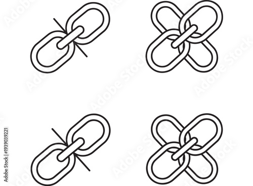 Chain links icons with various orientations and connection styles, representing concepts of connection and unity.