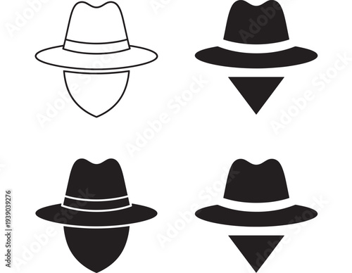 Fedora hat set with shield and triangle icons, presented in both outline and solid black fill styles.