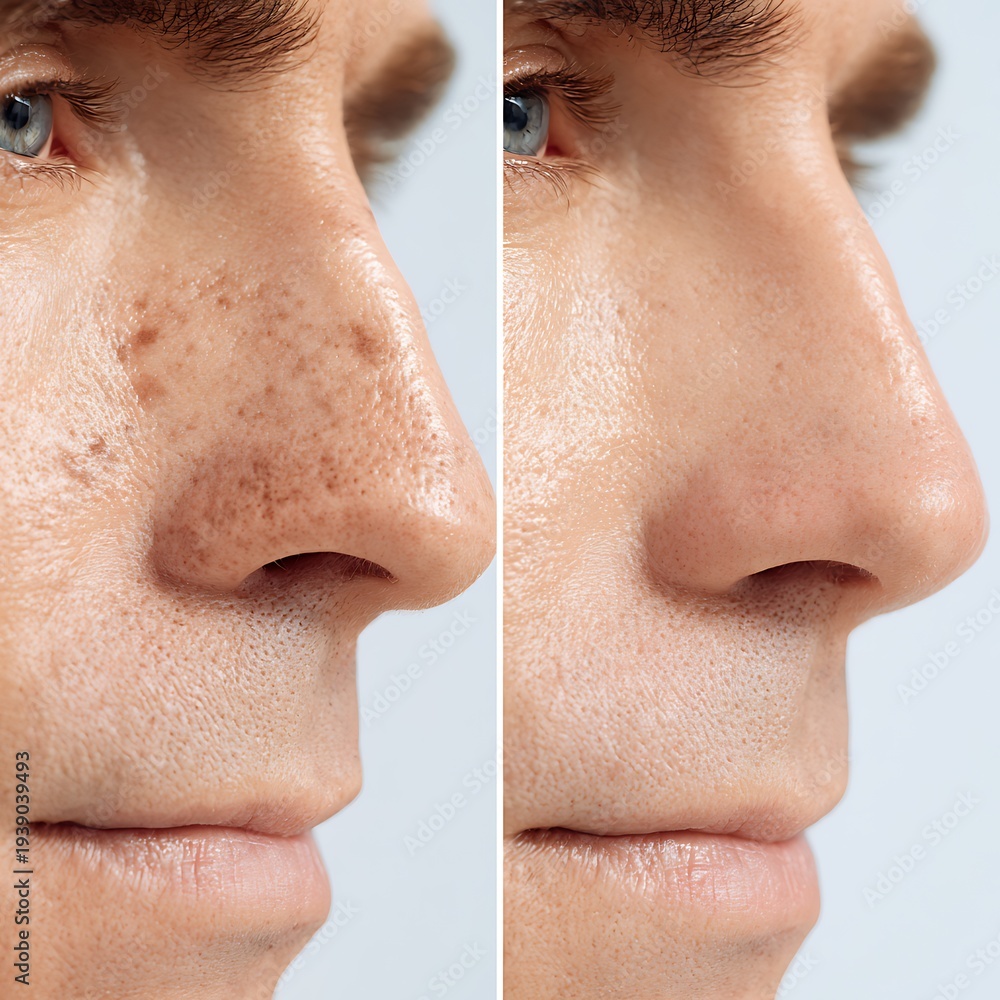 Obraz premium before and after pore and oil improvement in male T-zone, macro skin comparison on nose and upper cheek, enlarged oily pores on left, refined smooth skin on right