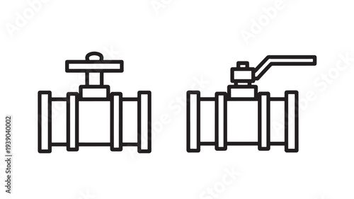 Valves pipe fitting icons with different handles and black line art for plumbing and fluid control applications.