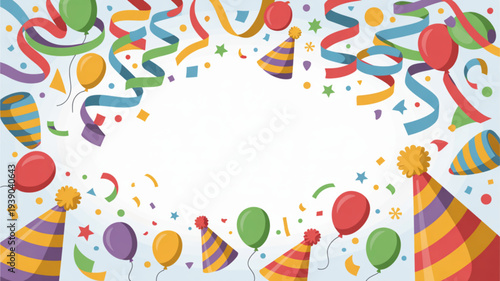 Vibrant birthday celebration background with colorful balloons streamers and party hats on white