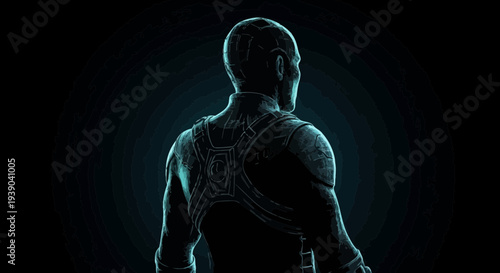 Abstract silhouette of person standing illuminated by glowing lines