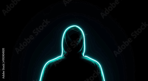 Anonymous figure outlined in glowing neon against a black background