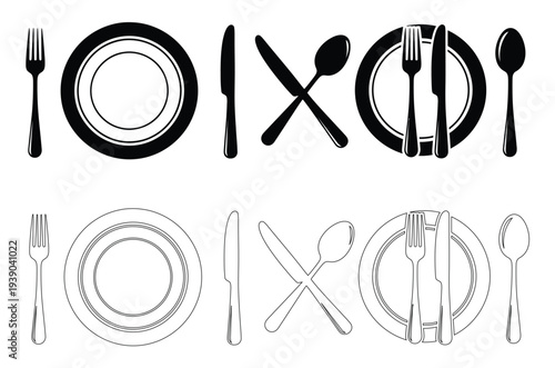 Dinner table setting icons with utensils and plates in black and white