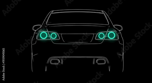 Automotive illustration car silhouette with illuminated tail lights on black