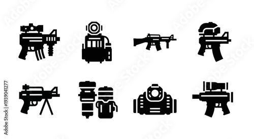 Military Weapons and Special Forces Equipment Icons Set on Isolated White Background