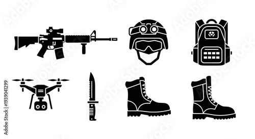 Essential Soldier's Combat Equipment and Weaponry Icons Set, Isolated White Background.
