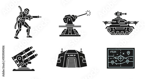 Military Armament and Strategic Icons Set in Flat Design, Isolated White Background.