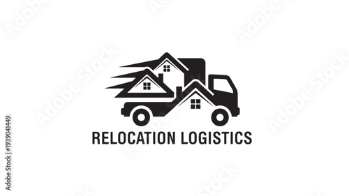 A black and white logo of a moving truck with houses on it, representing relocation logistics and transportation services.