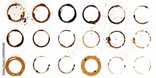 Collection of coffee rings and stains in varying shades and shapes