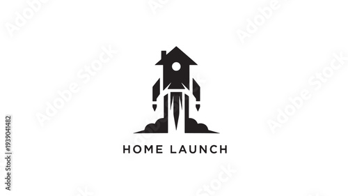 A black and white illustration of a rocket ship launching from a house, symbolizing home launch or real estate success.
