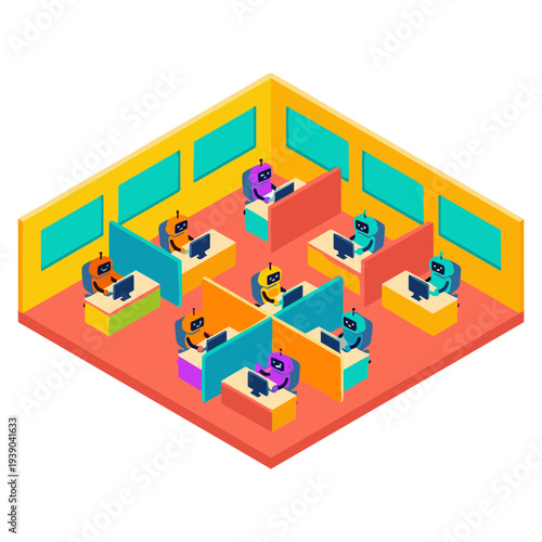 Employees work diligently in a vibrant, modern office cubicle environment with computers.