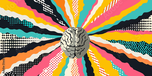 A human brain surrounded by a vibrant colorful and patterned explosion