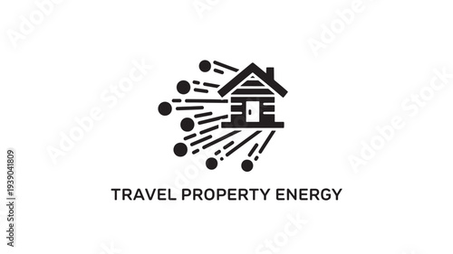 A black and white logo featuring a house icon surrounded by dynamic lines and dots, representing travel property energy and eco-friendly travel concepts.